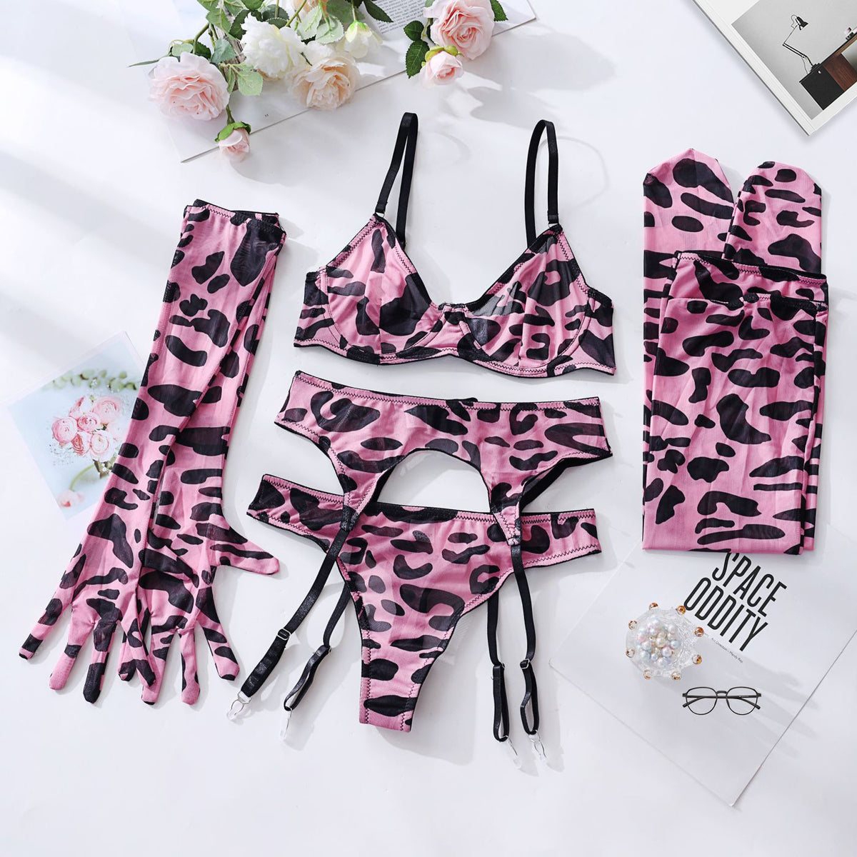 Pink & Black Leopard Mesh Set — Bra, Thong, Gloves & Stockings