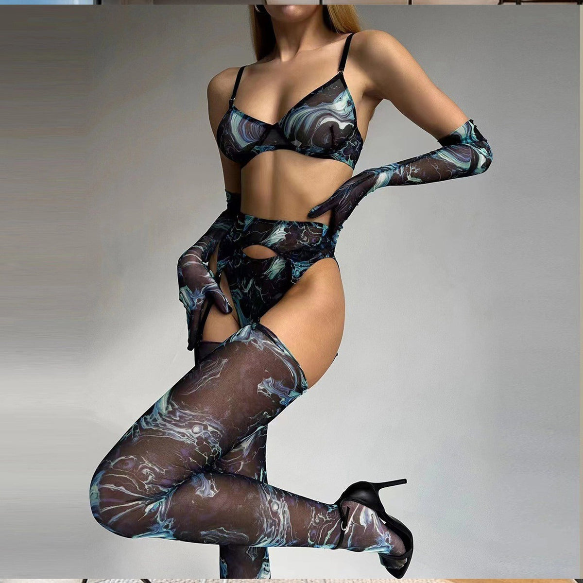 Pink & Black Leopard Mesh Set — Bra, Thong, Gloves & Stockings