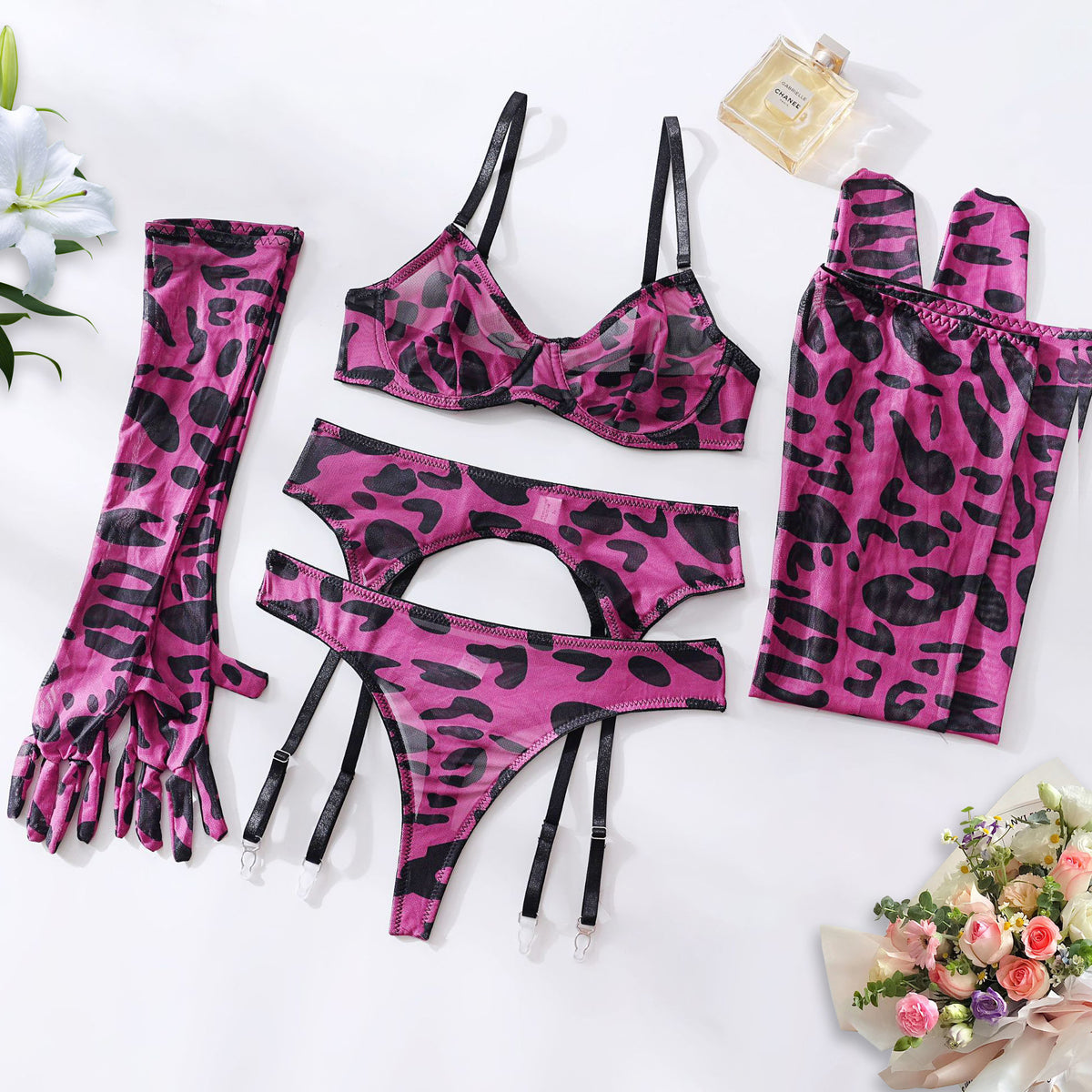 Pink & Black Leopard Mesh Set — Bra, Thong, Gloves & Stockings