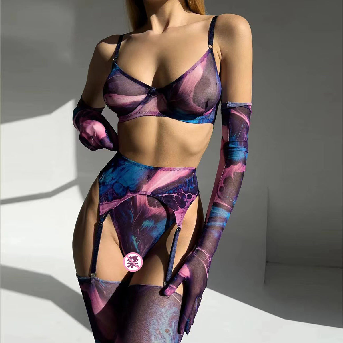 Pink & Black Leopard Mesh Set — Bra, Thong, Gloves & Stockings