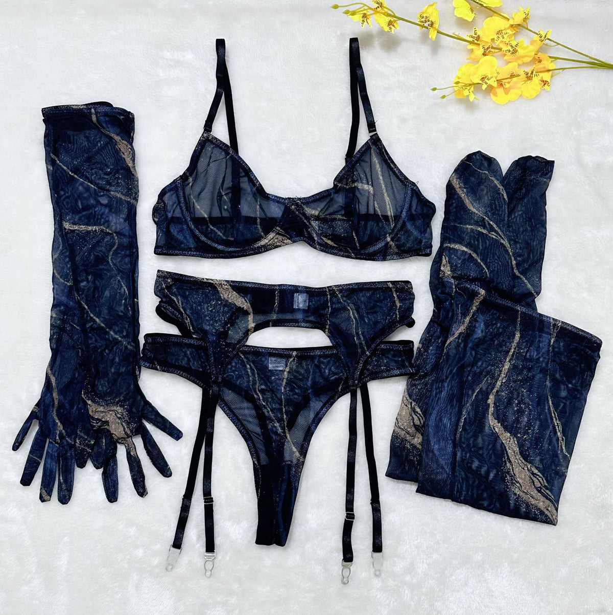 Pink & Black Leopard Mesh Set — Bra, Thong, Gloves & Stockings