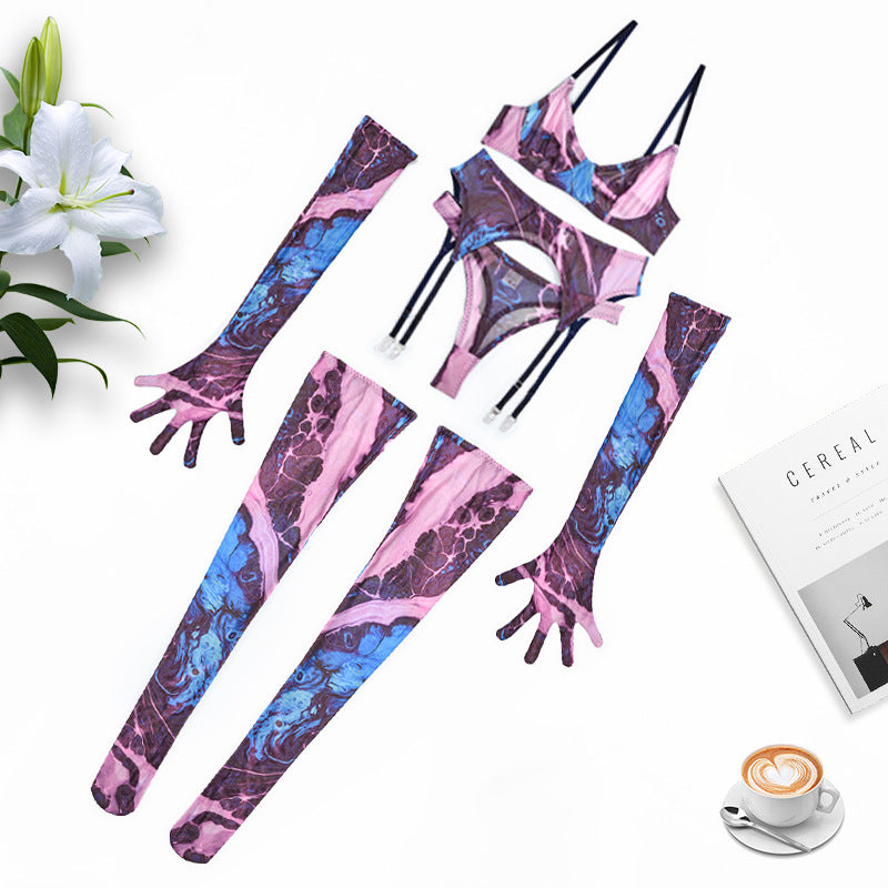 Pink & Black Leopard Mesh Set — Bra, Thong, Gloves & Stockings